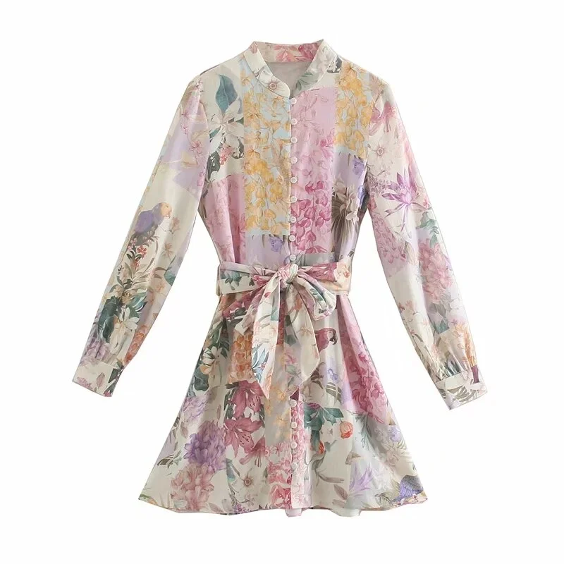 TRAF Women Chic Fashion With Belt Floral Print Linen Mini Dress Vintage O Neck Long Sleeve Female Dresses Vestidos