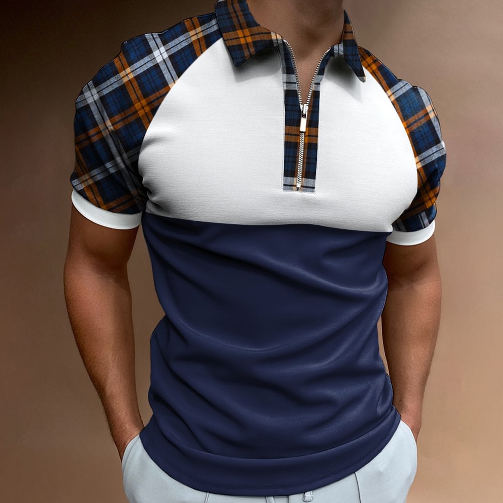 Men's Casual Plaid Pattern Print Color Matching Short Sleeve Zipper Polo Shirt-Compassnice®