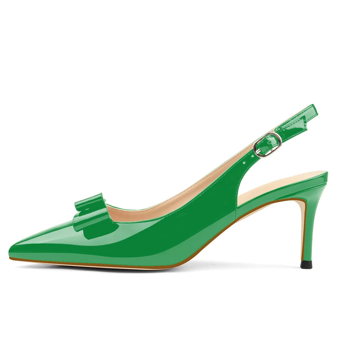 6.5cm /2.55 inch Pointed Toe Bows Slingback Buckle Pumps Kitten Patent Heels