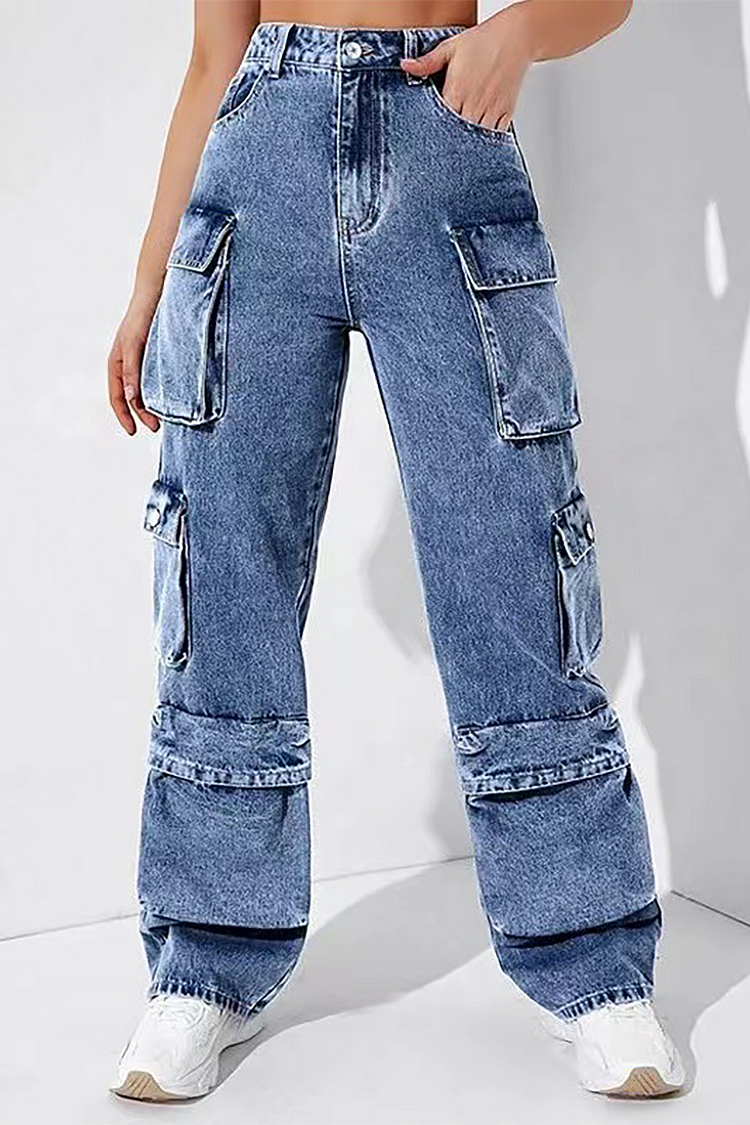 Denim Pockets Straight Leg Cargo Jeans-Blue