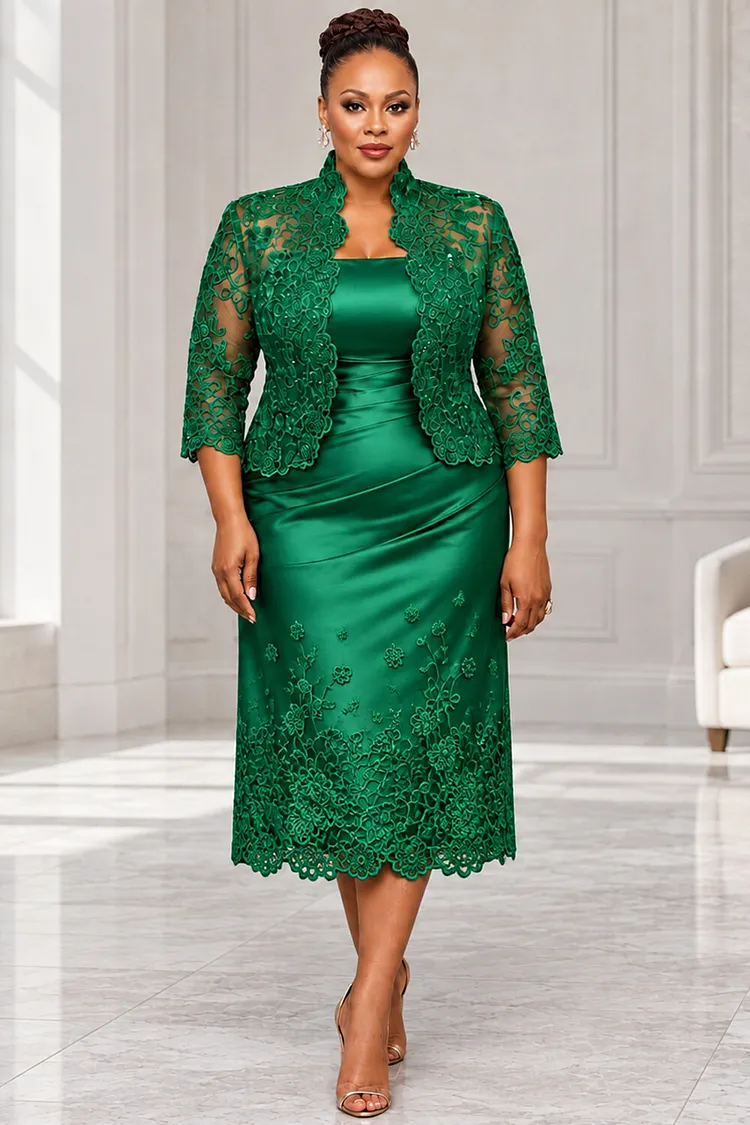 Xpluswear Design Plus Size Mother Of The Bride Lace Green 3/4 Sleeve Contrast See Through Satin Two Piece Dress Set [Pre-Order] 2024 - Xpluswear