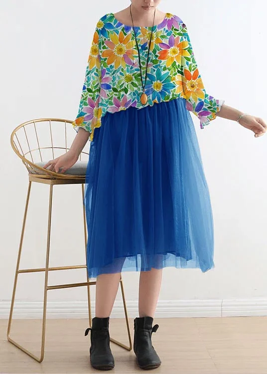 2021 blue flower Tull Maxi dresses patchwork chiffon Summer Dresses