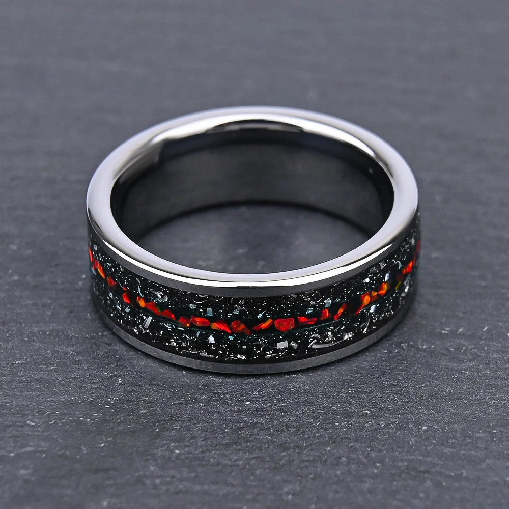 8MM Black Tungsten Carbide Rings Flat-set Meteorite Red Orbale Tungsten Wedding Bands For Women and Men