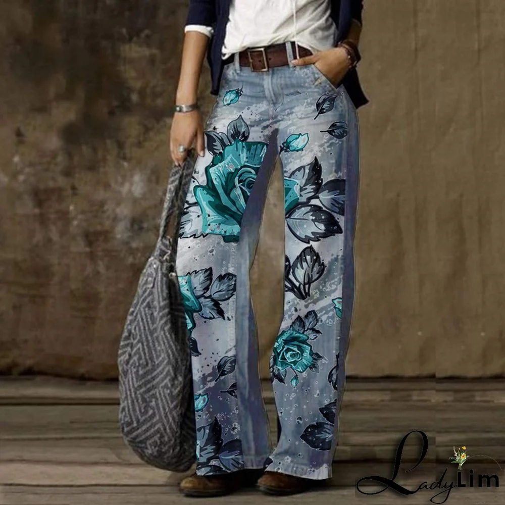 Vintage Fashion Casual Straight Wide Leg Ladies Denim Pants