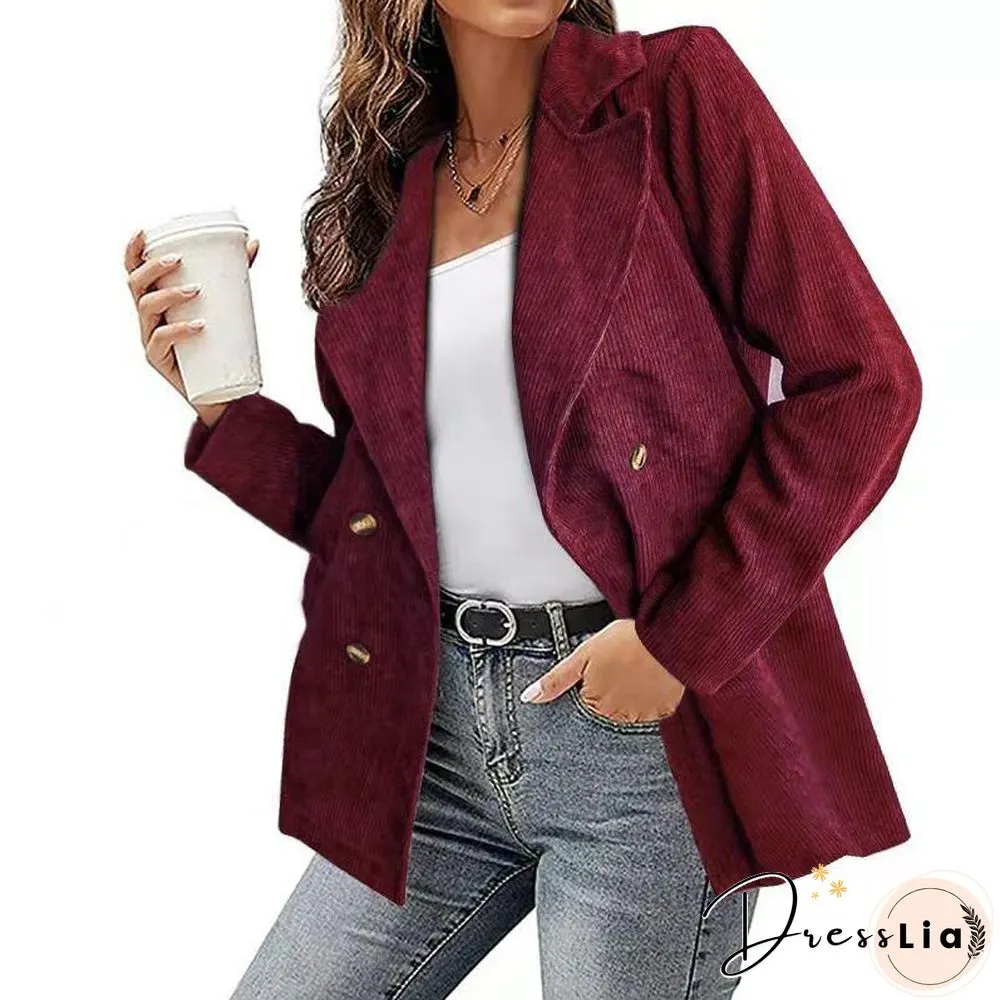 Women Notched Lapel Corduroy Coat