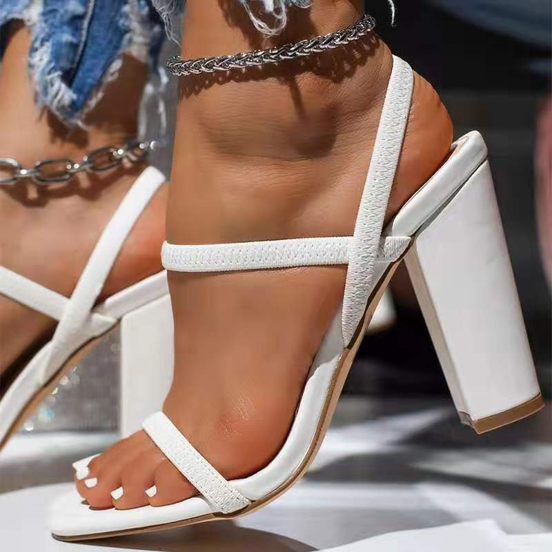 New summer square toe buckle with thick high heel solid color sandals