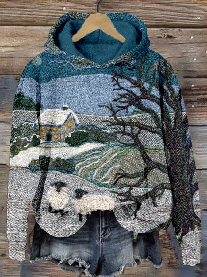 Women's Vintage Farm Sheep Print Hoodie
