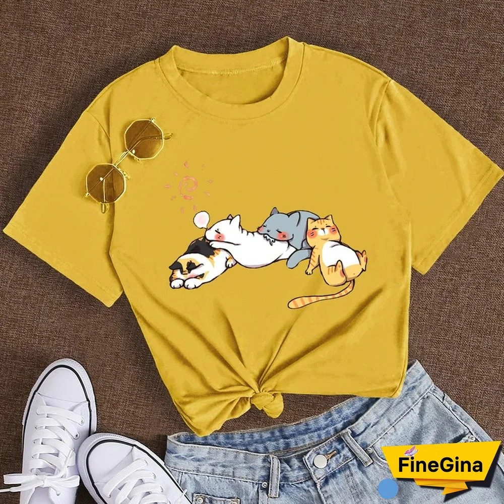 Cotton 100% Women's T Shirt Summer Short Sleeve Nap Cat Print Fashion Kawaii Female Clothes Casual O-Neck Tshirt Ladies Tee Tops