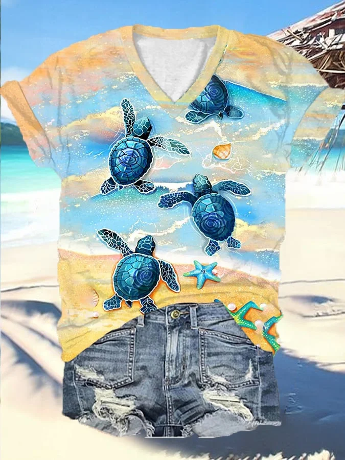 🔥Buy 3 Get 10% Off🔥Women's Sea Turtle Print Beach Vacation Casual V-Neck Tee