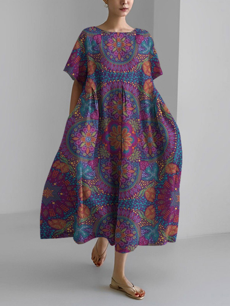 Comstylish Vintage Ethnic Print Short Sleeve Loose Midi Dress