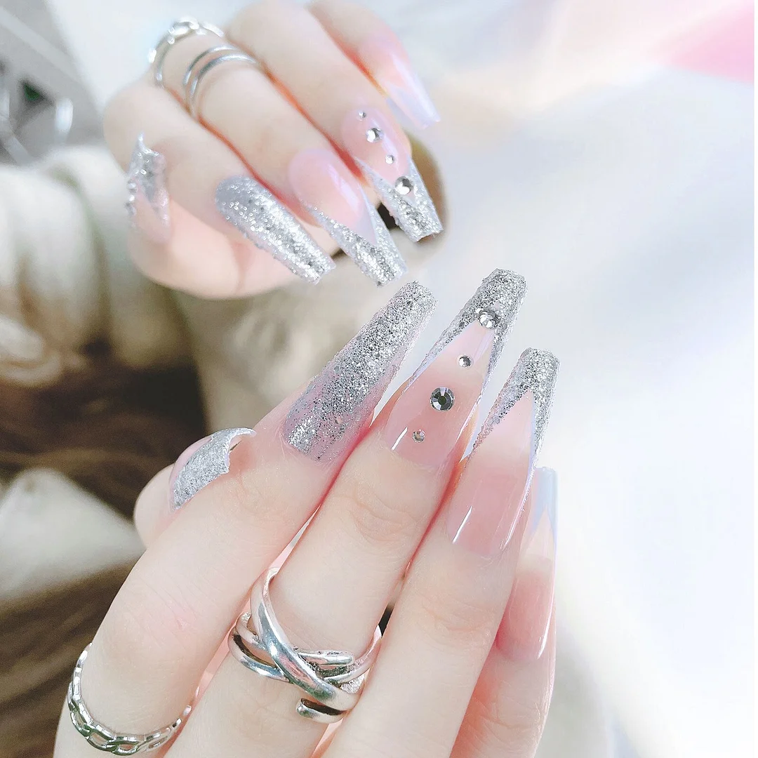 24pc Rhinestone Nail Press Ons Extra Long Coffin 3d Designed Fake Nails Jewel Luxury French Ballerina False Nail Tips Full Cover-Nail Inspo