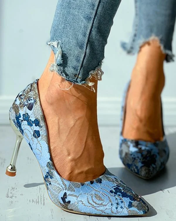 Floral Pattern Pointed Toe Stiletto Heel