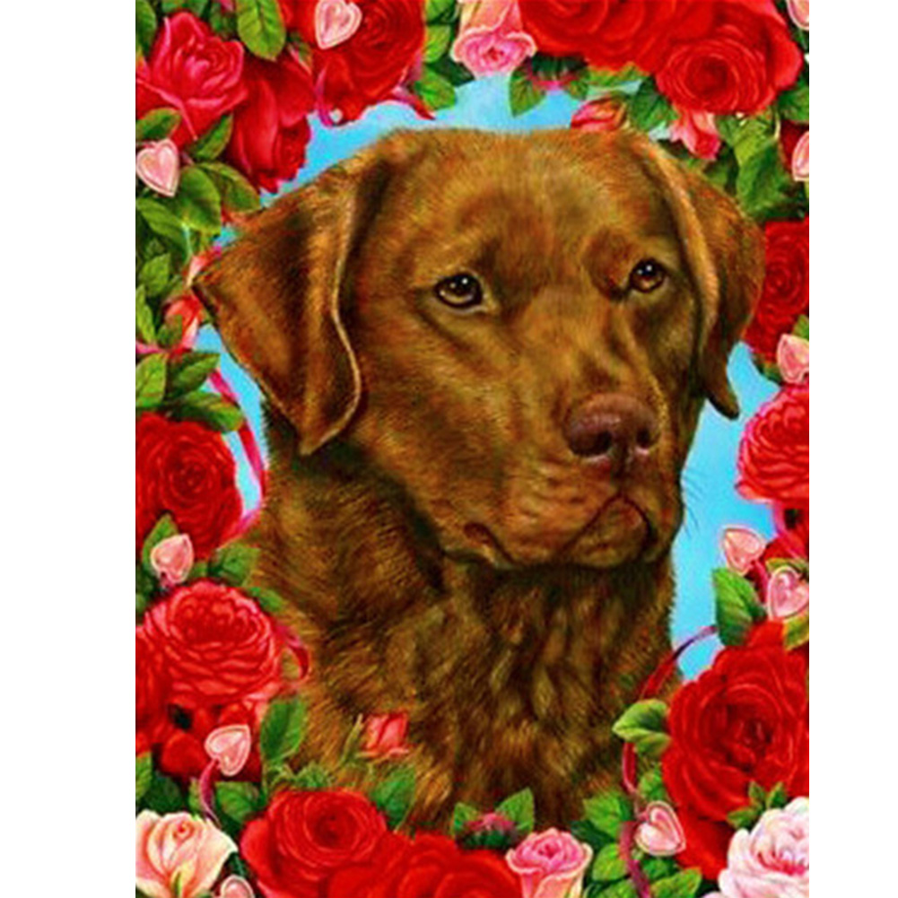 

30*40CM - Round Drill Diamond Painting - Rose Frame Dog, 501 Original