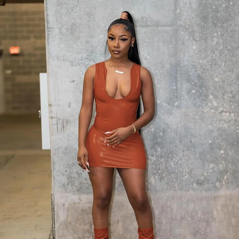 Hugcitar 2020 Sleeveless Solid Deep V-Neck Pu Leather Zip Up Mini Dress Autumn Winter Women Fashion Sexy Party Club Clothings