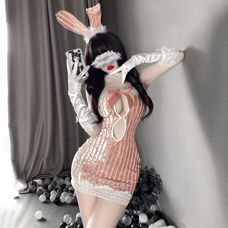 Billionm OJBK Woman Bunny Girl Erotic Outfit Kawaii Cosplay Bunny Costumes Hollow Out Bandage Dress Lace Sleeveless Nightgowns Plus Size