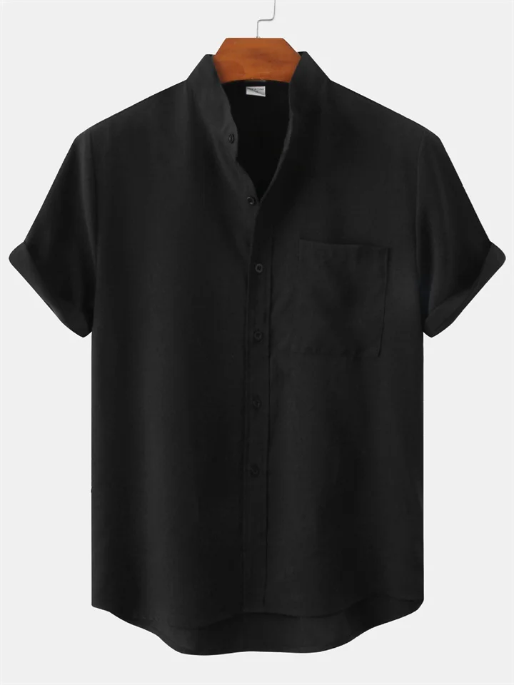 Summer New Machine-washable Men's Stand-up Collar Hot Short-sleeved Solid-color Cotton Linen Pocket Decorative Men's Shirt
