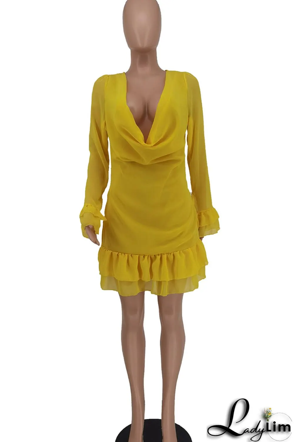 Yellow Sexy Solid Split Joint Flounce V Neck A Line Dresses