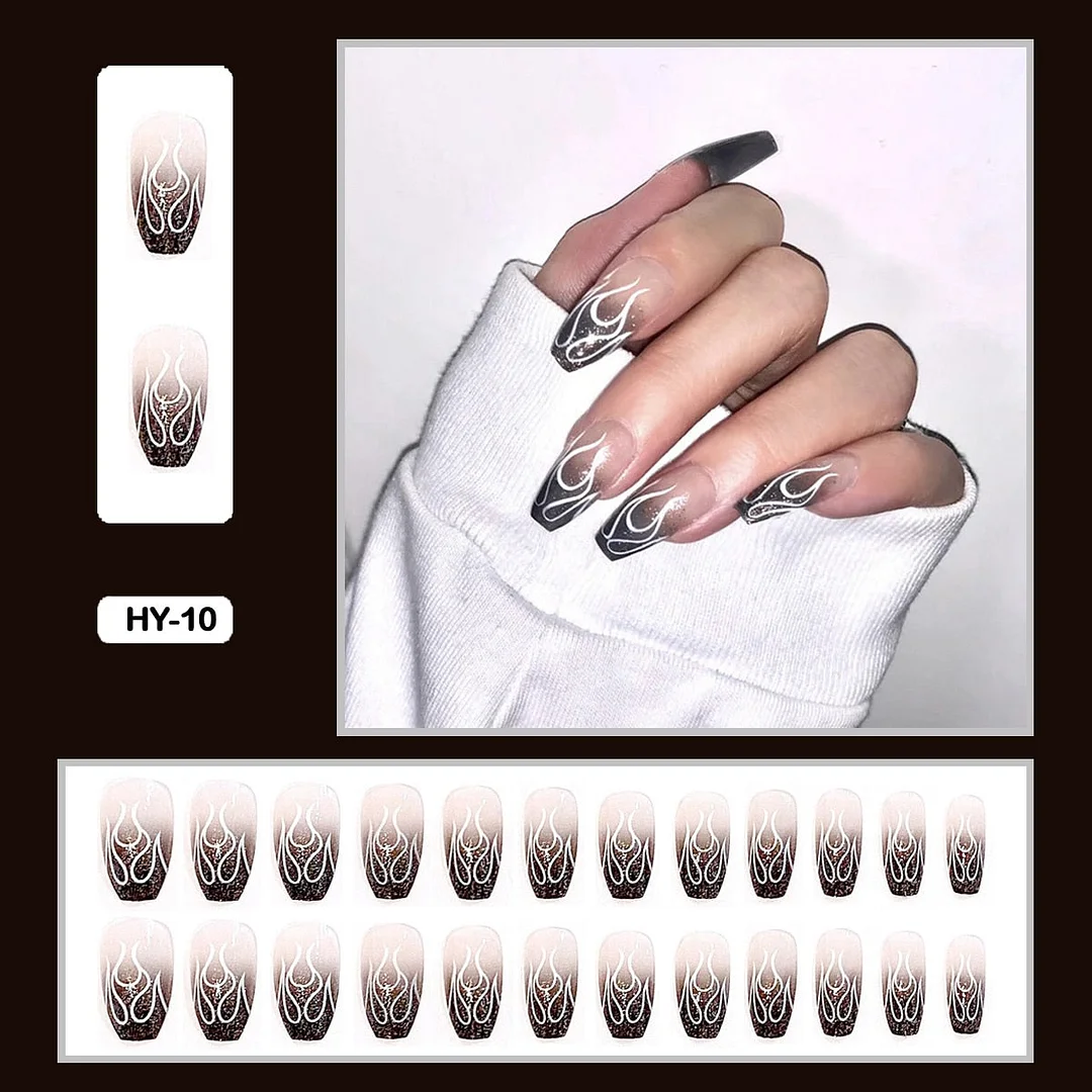 24PCS Dark Punk False Nails with Glue Gradient Long Detachable Fire Stick on Nails Skull Flame  Art DIY Fashion Manicure Tool-Nail Inspo
