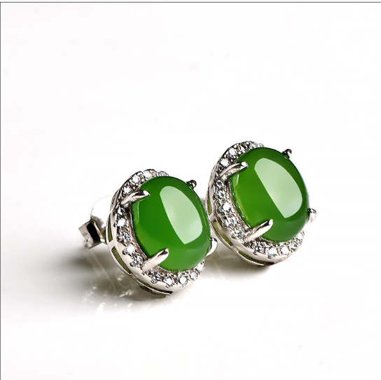 High Standard Hetian jade earrings women's silver earrings jasper spinach green round beads small fresh jade earrings with certificate