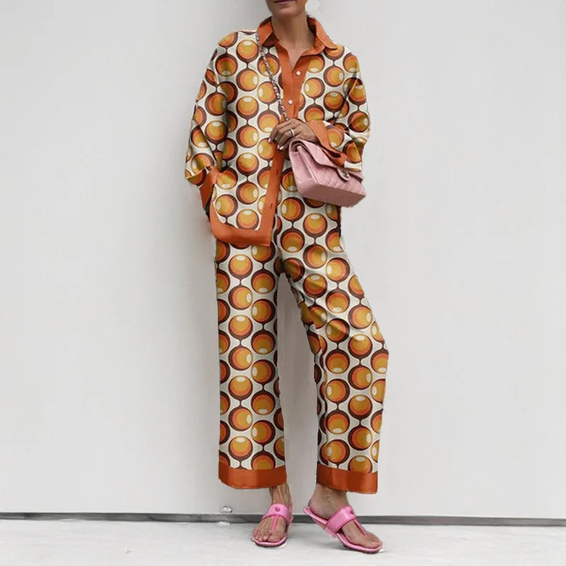 Brownm Brownm 2024 New Women's Temperament Commuter Loose Print Long Sleeve Wide-Leg Pants Fashion Suit Women