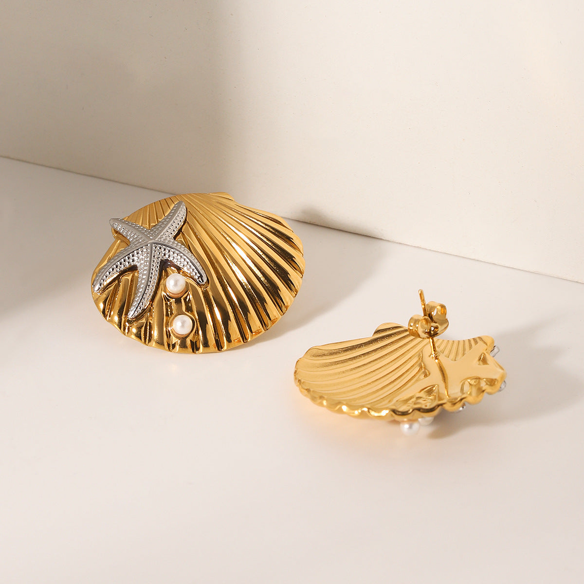 Stainless Steel Starfish Pearl Earrings Shell Earrings Gold And Silver Color Matching Titanium Steel Earrings