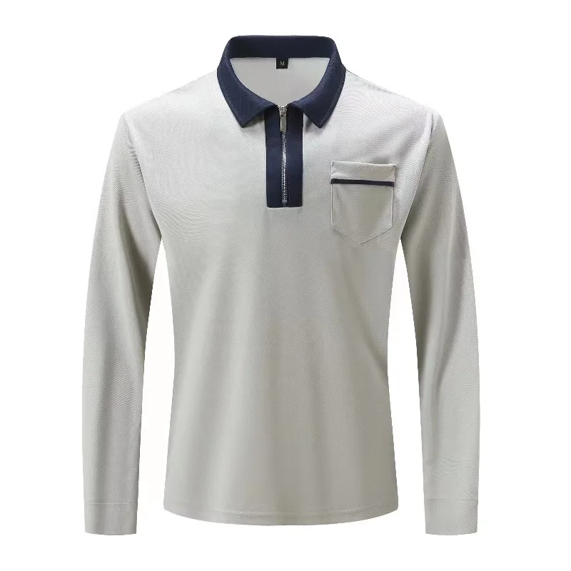 Men's Polo Shirt Long Sleeved Slim Fit Pocket with Half Zipper Shirts