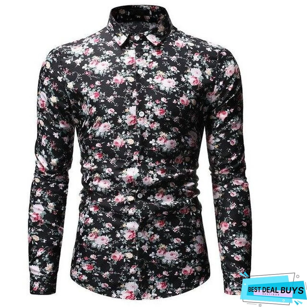 Aliexpress Wish Hong New Style Foreign Trade Men's Wear Fashion Printed Fold-Down Collar Plus-Sized Men's Long-Sleeve Shirt