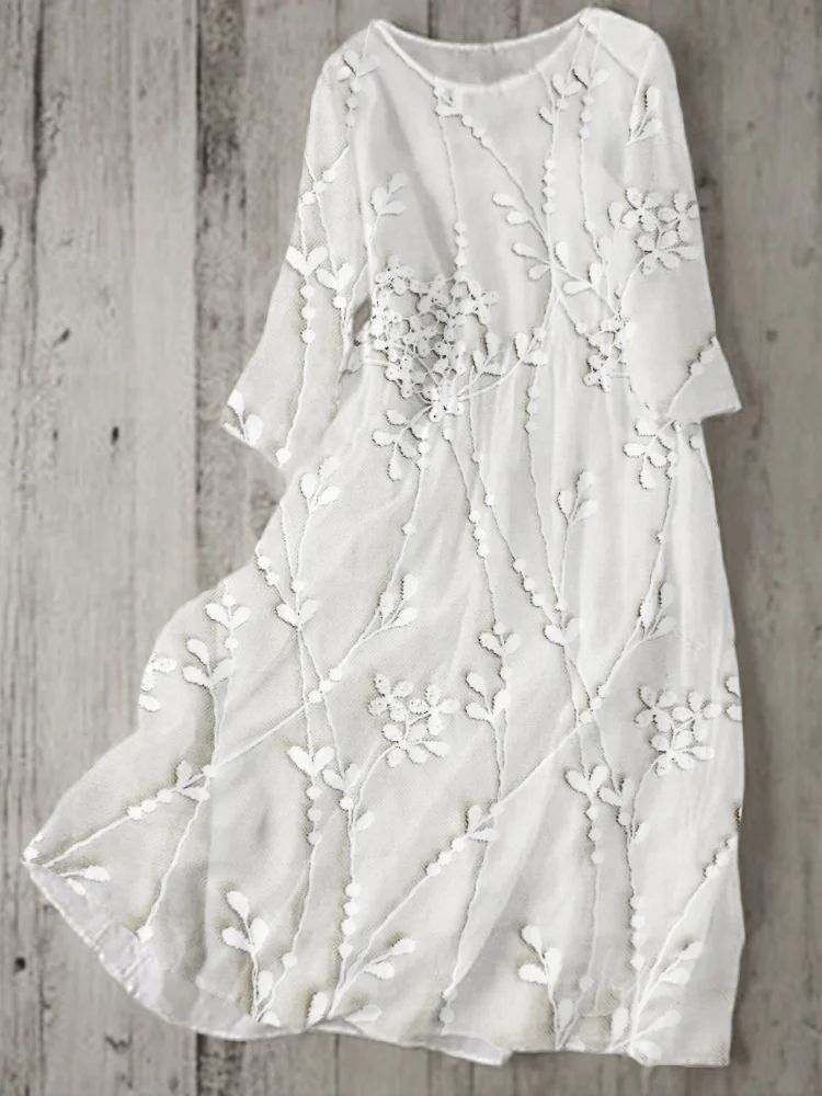 Classy Floral Lace Embroidered Linen Blend Flowy Dress