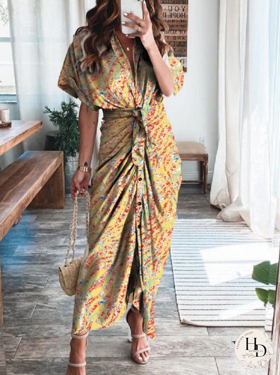 Dresses Textured Print Pleated Lace-Up Short Sleeve Dress for Women