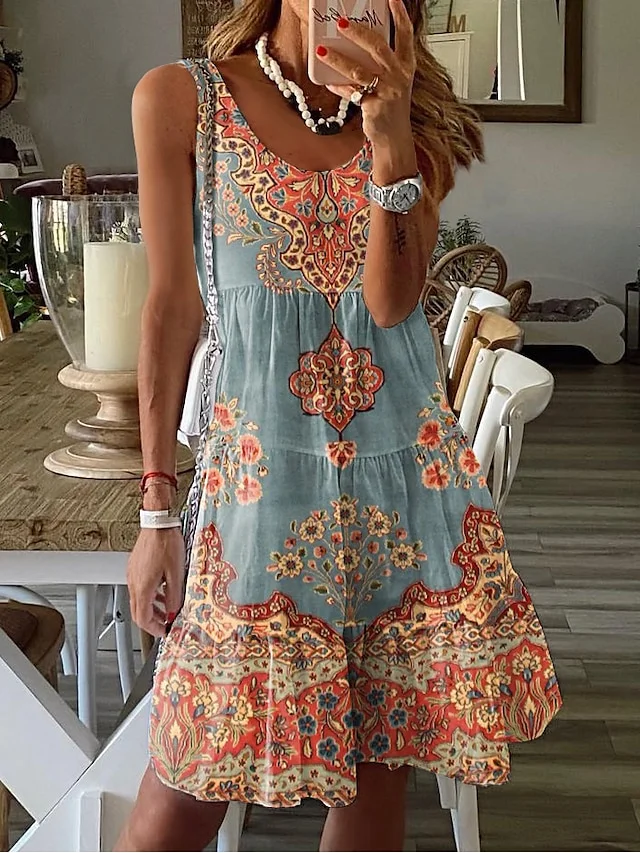 Women's Sundress Tank Dress Floral Ruffle Trim Asymmetrical Hem U Neck Midi Dress Tropical Vacation Beach Sleeveless Summer Spring
