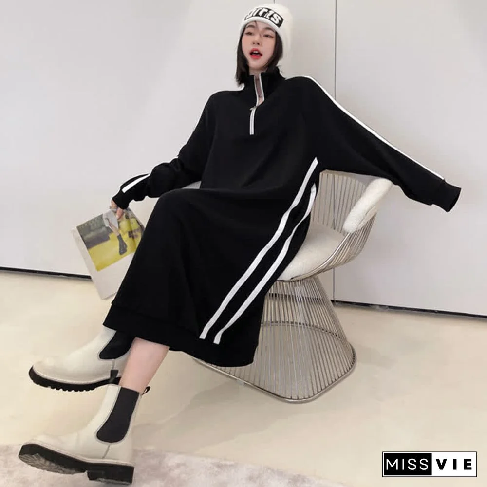 Plus Size Stripe Zipper Long Sleeve Loose Dress