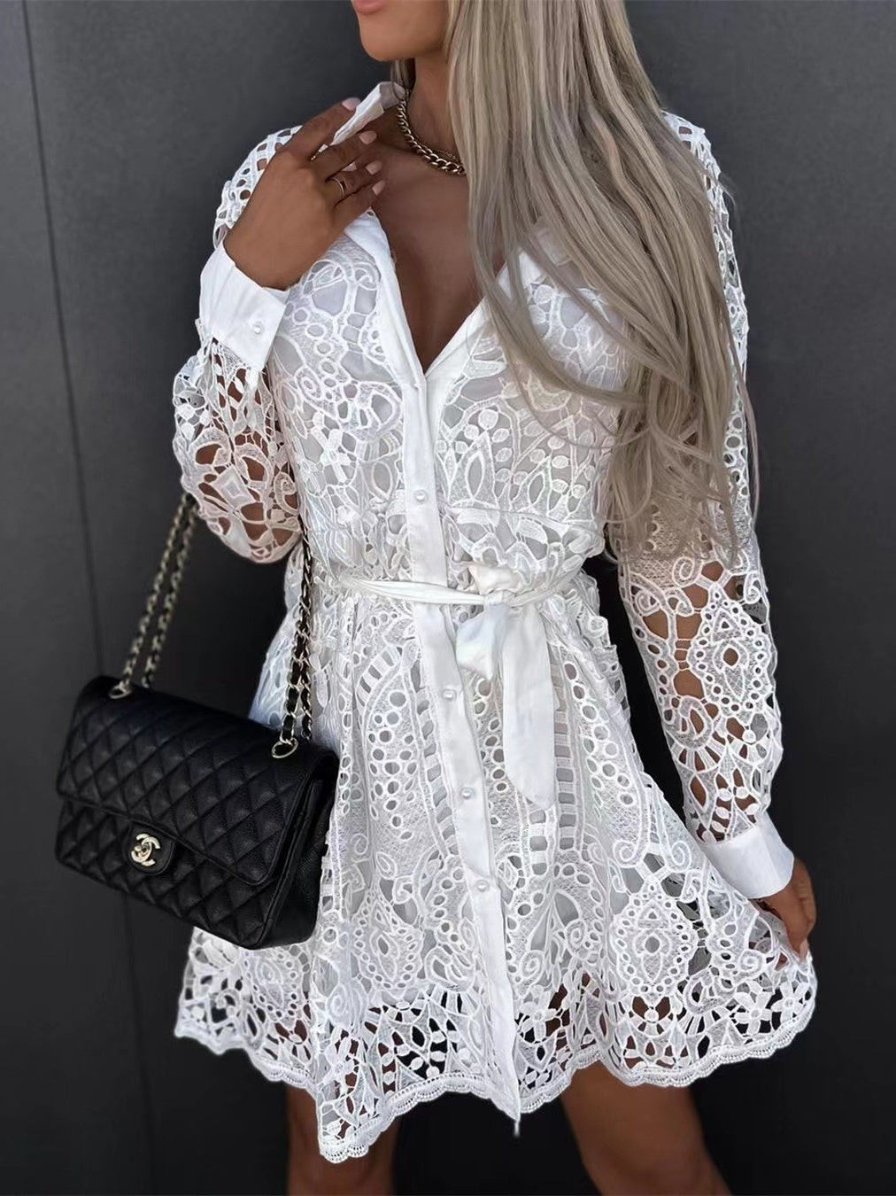 Women Long Sleeve V-neck Lace Stitching Mini Dress