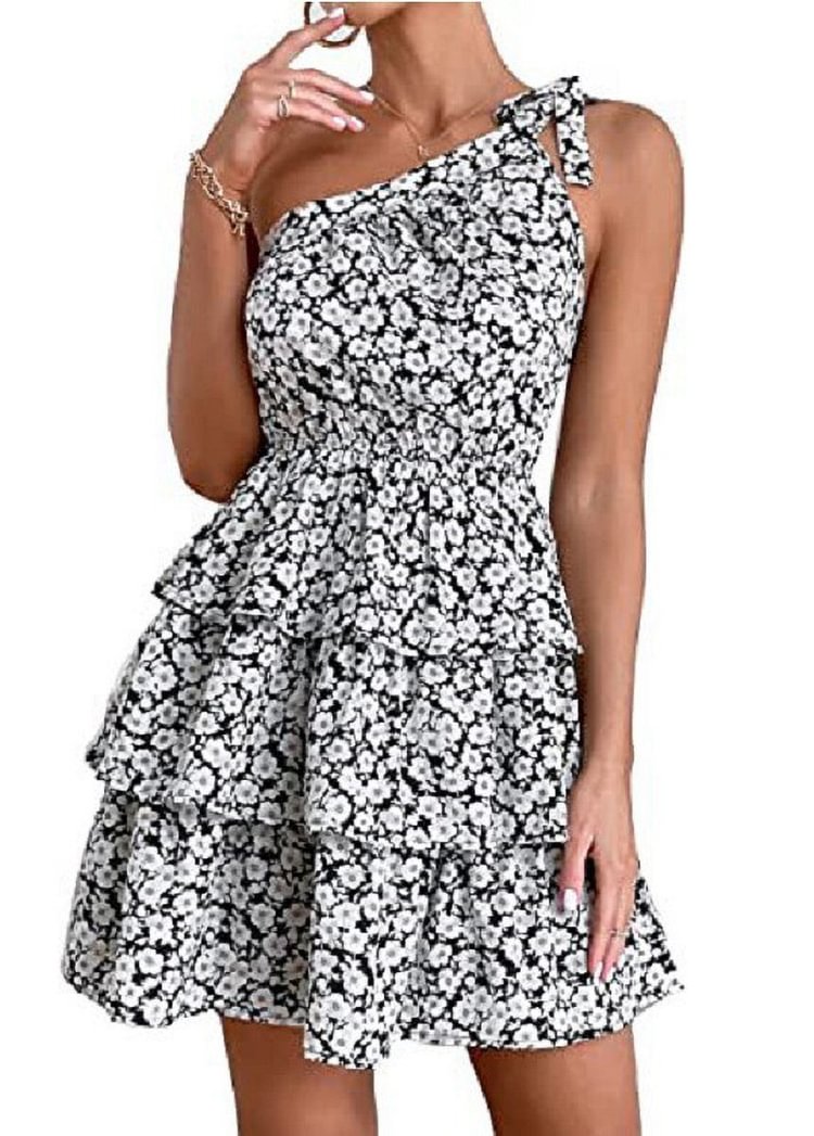 Diagonal Shoulder Print Multi-layer Sleeveless Dress