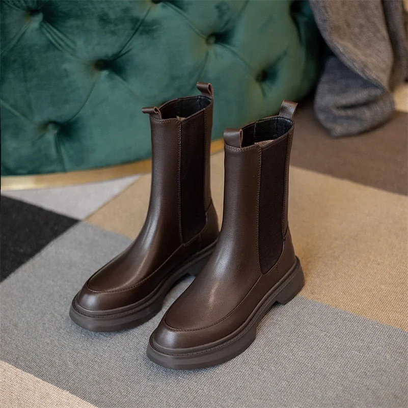 Meotina Chelsea Boots Women Natural Genuine Leather Flat Platform Mid Calf Boots Round Toe Ladies Shoes Autumn Winter Black 40
