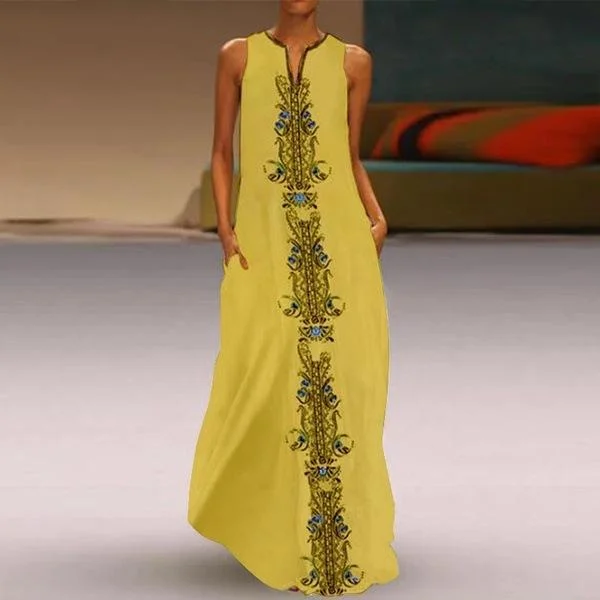 Retro Multicolor Printed Pocket V-neck Sleeveless Dress