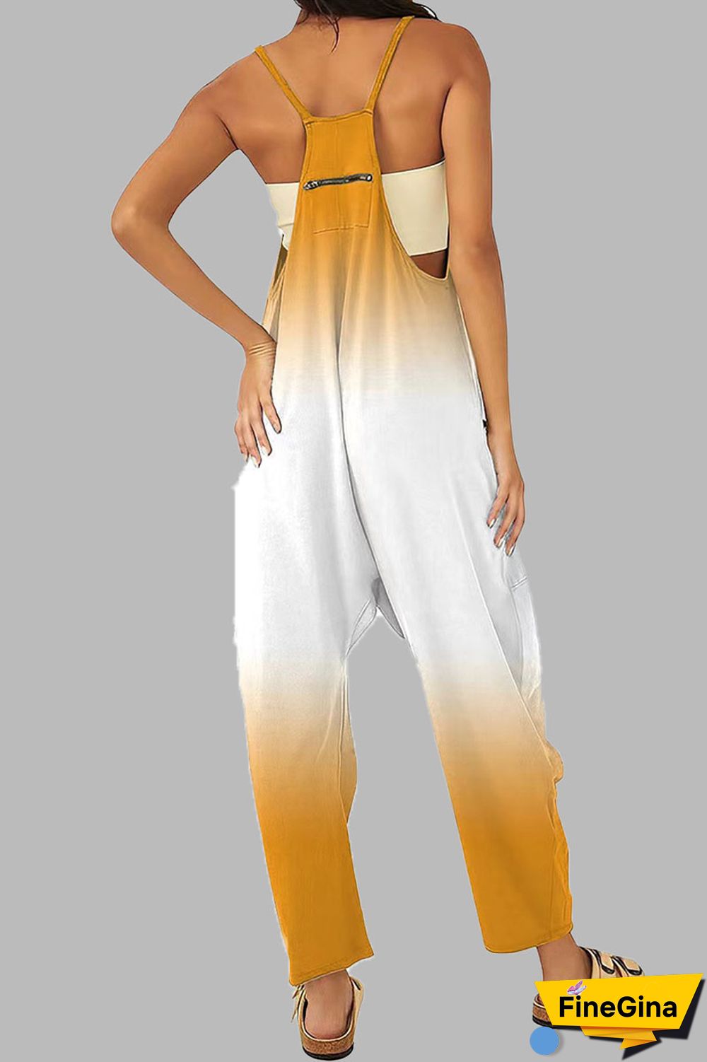 Black khaki Casual Gradual Change Print Patchwork Pocket Zipper Spaghetti Strap Loose Jumpsuits