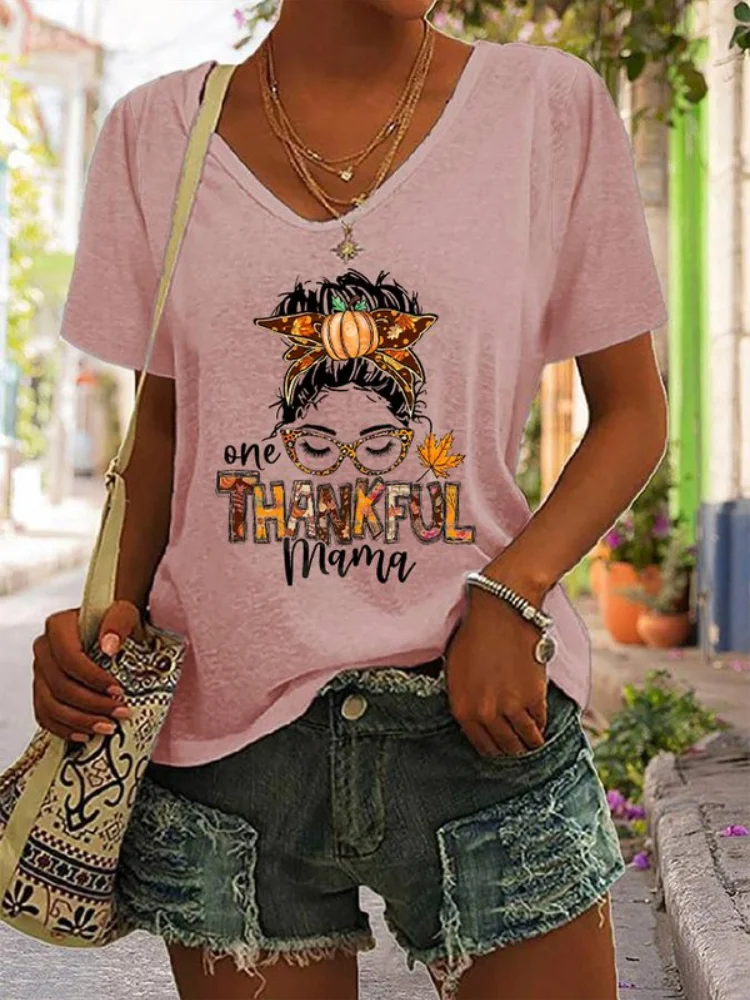 Thankful Mama Print V Neck Short Sleeve T Shirt