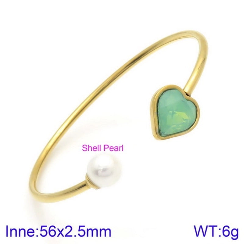 Modern Style Minimalist Heart Shape Stainless Steel Titanium Steel 18K Gold Plated Glass Stone Pearl Bangle In Bulk