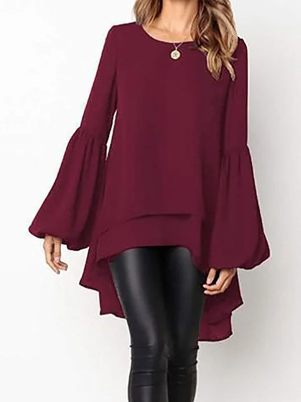 Pure Color Flared Sleeves High-Low Round-Neck T-Shirt Top