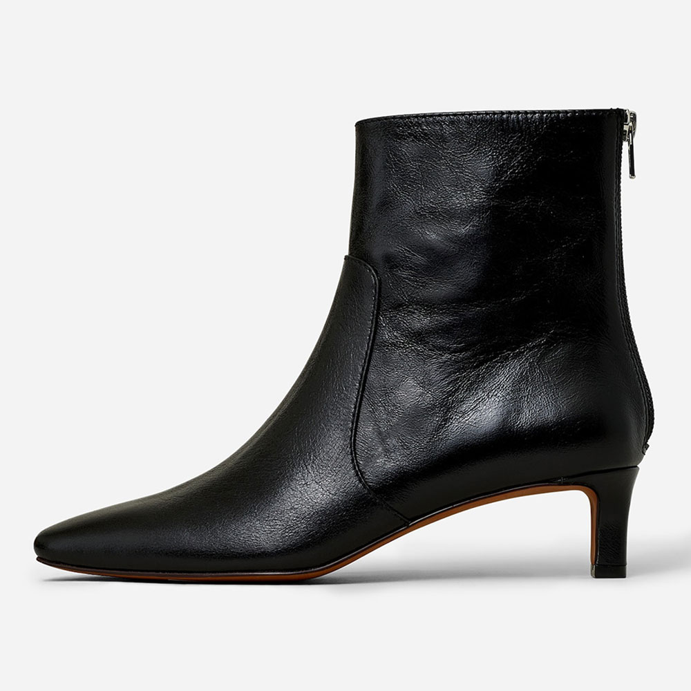 Elegant Vegan Leather Black Square Toe Kitten Heel Boots with Zipper Nicepairs