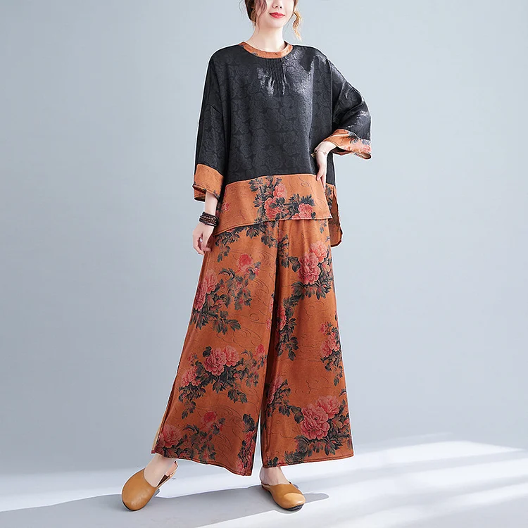 Loose Splicing Long Sleeve T-Shirt And Wide-Leg Pants Suit - yankia