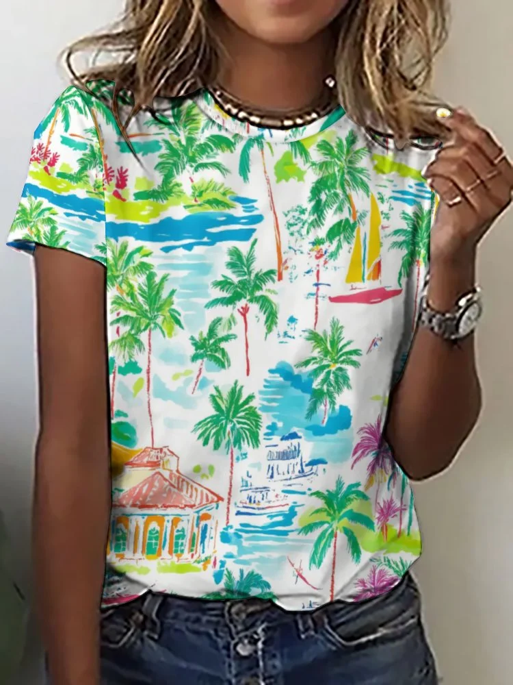Printed Short Sleeve Casual T-shirt for  Women and Men Unisex Pattern Tropical, Summer, Green