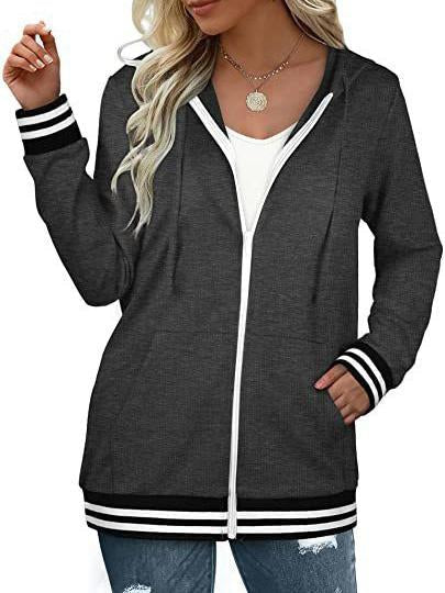 Women's Plain Zip Hooded Striped Sweatshirt Long Sleeve Jacket Top