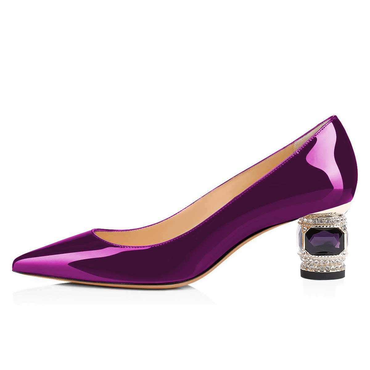 Patent Leather Pointed Toe Decorative Heel Pumps Shoes in Purple