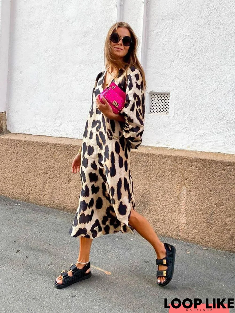 Long V-Neck Loose Lantern Sleeve Leopard Print Dress Long Skirt