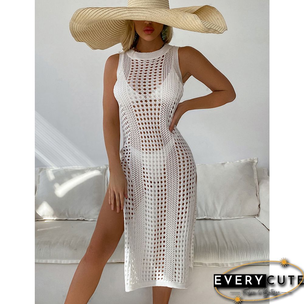 White Hollow-out Crochet Sleeveless High Split Beach Cover