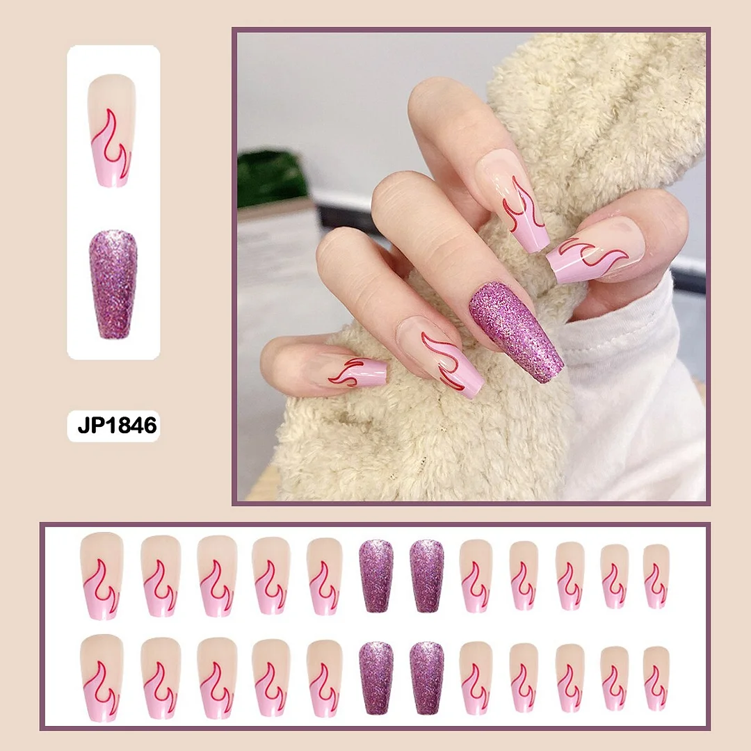 Personality Graffiti Flame Sweet Cool Girl False Nail Art Fake Nails With Glue And Sticker 24pcs/box-Nail Inspo