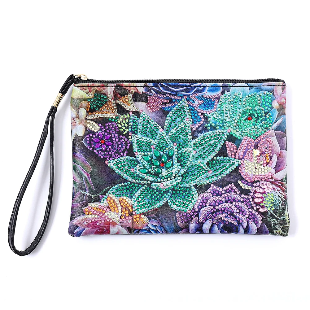 DIY Cactus Diamond Art Cosmetic Bag Flowers Single Sided PU Women Clutch