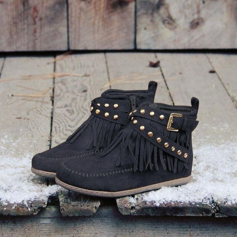 VCSHOES Wedge Flat Buckle Suede Round Toe Ankle Boots
