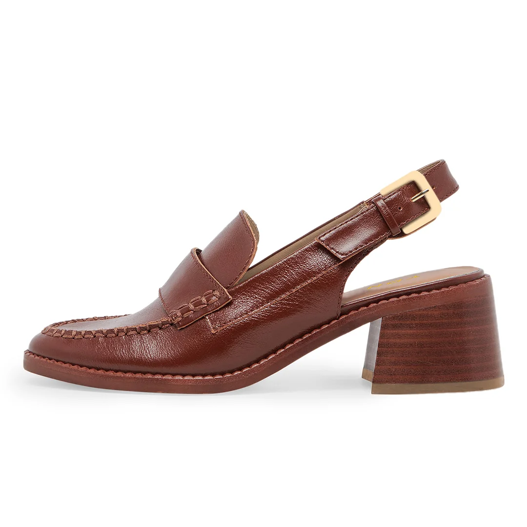 Women's Brown Vegan Leather Round Toe Stitched Slingback Loafers 